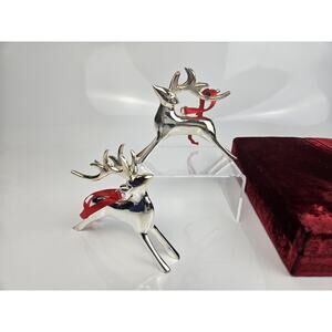 Ser Of 2 Vintage Silver Plated Reindeer Ornaments In Red Velvet Presentation Box